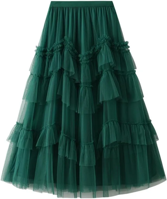 Womens Layered Fluffy Tulle Skirts Trendy High Waisted Mesh Fairy Pleated Ruffle Midi Skirt