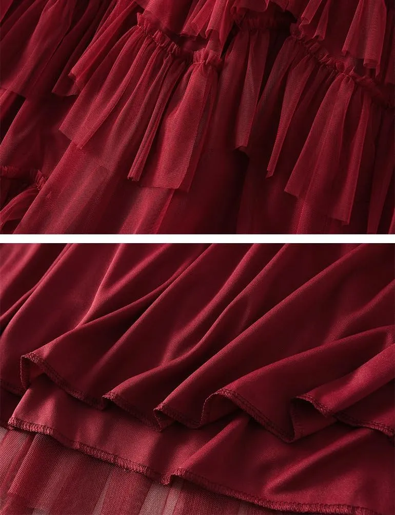 Womens Layered Fluffy Tulle Skirts Trendy High Waisted Mesh Fairy Pleated Ruffle Midi Skirt