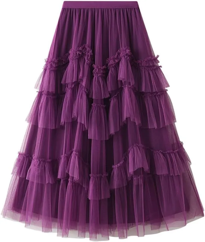 Womens Layered Fluffy Tulle Skirts Trendy High Waisted Mesh Fairy Pleated Ruffle Midi Skirt