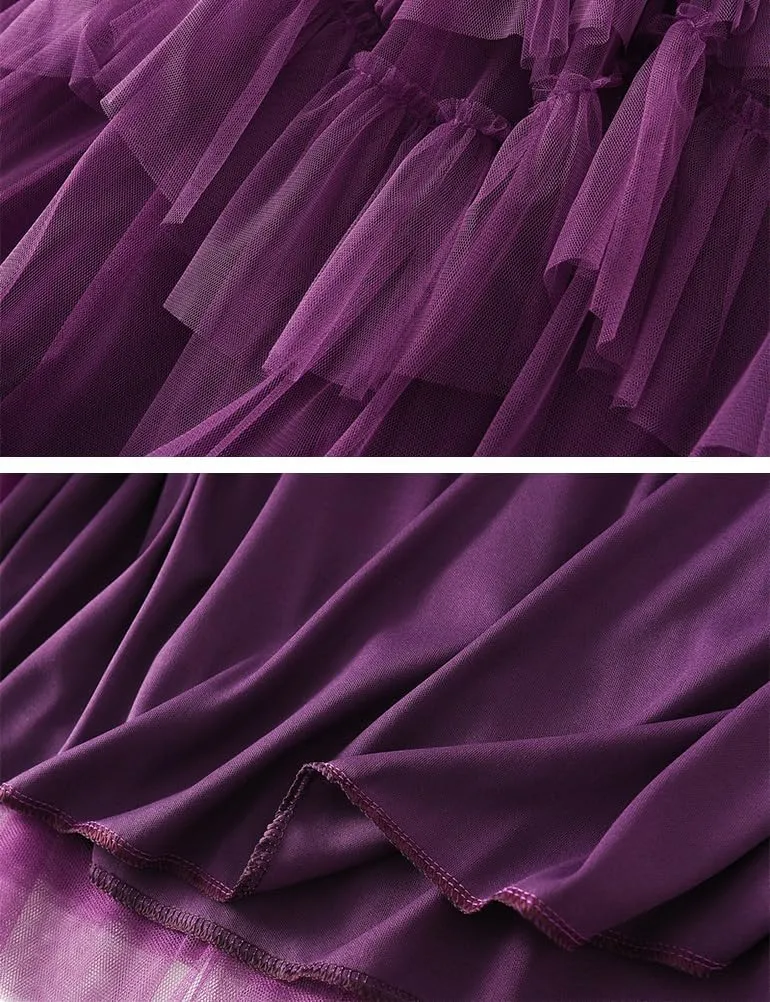 Womens Layered Fluffy Tulle Skirts Trendy High Waisted Mesh Fairy Pleated Ruffle Midi Skirt