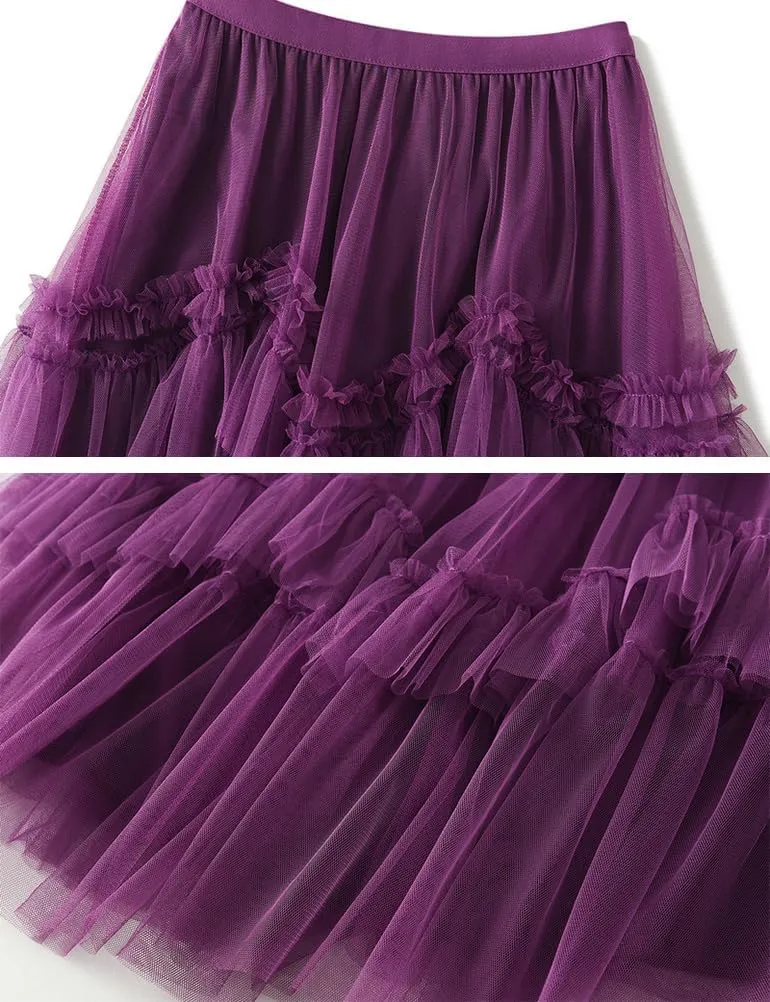 Womens Layered Fluffy Tulle Skirts Trendy High Waisted Mesh Fairy Pleated Ruffle Midi Skirt