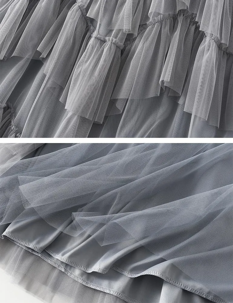 Womens Layered Fluffy Tulle Skirts Trendy High Waisted Mesh Fairy Pleated Ruffle Midi Skirt