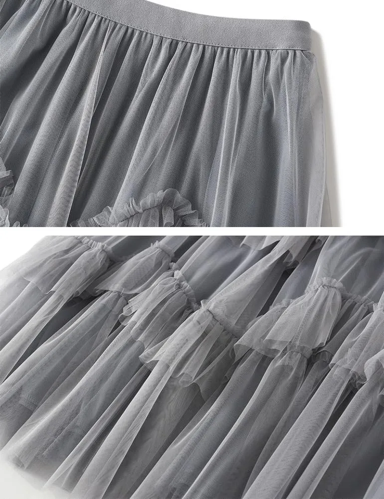 Womens Layered Fluffy Tulle Skirts Trendy High Waisted Mesh Fairy Pleated Ruffle Midi Skirt