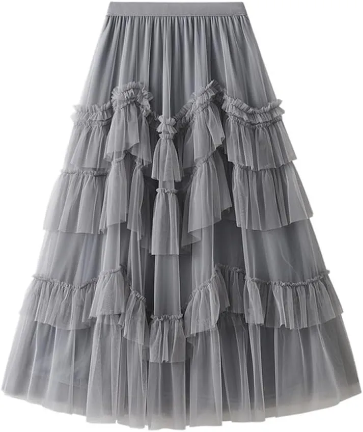 Womens Layered Fluffy Tulle Skirts Trendy High Waisted Mesh Fairy Pleated Ruffle Midi Skirt