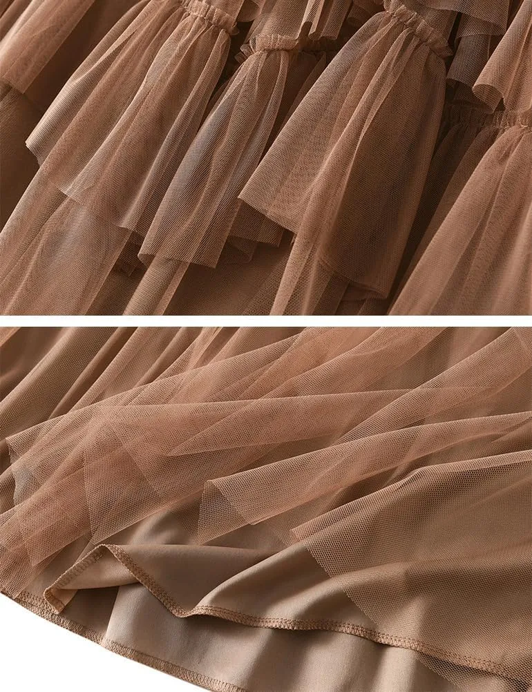 Womens Layered Fluffy Tulle Skirts Trendy High Waisted Mesh Fairy Pleated Ruffle Midi Skirt