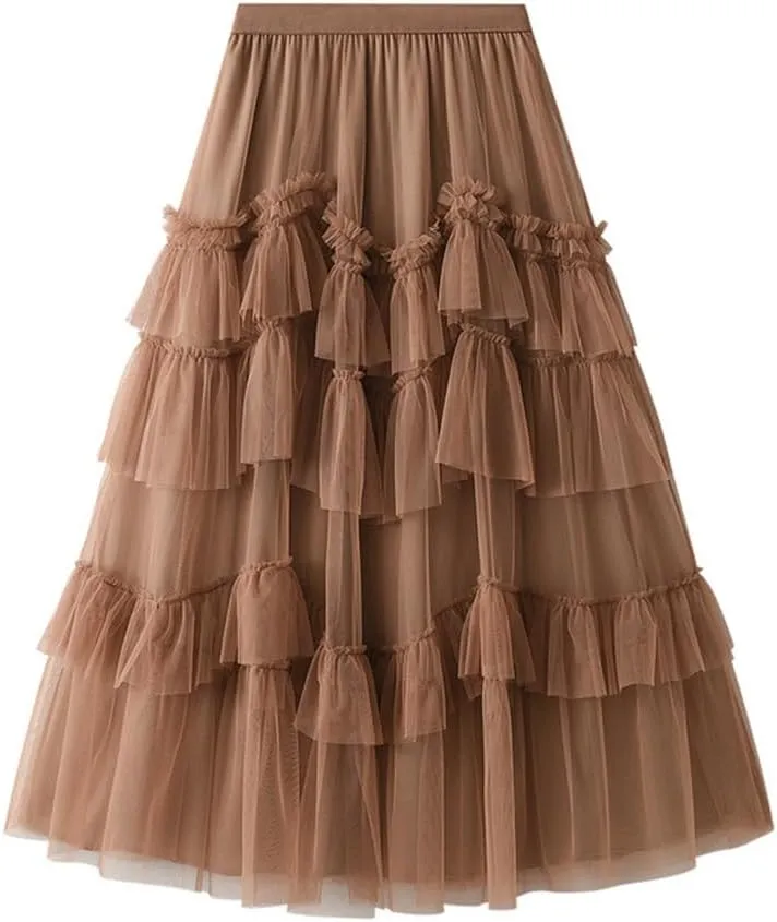 Womens Layered Fluffy Tulle Skirts Trendy High Waisted Mesh Fairy Pleated Ruffle Midi Skirt