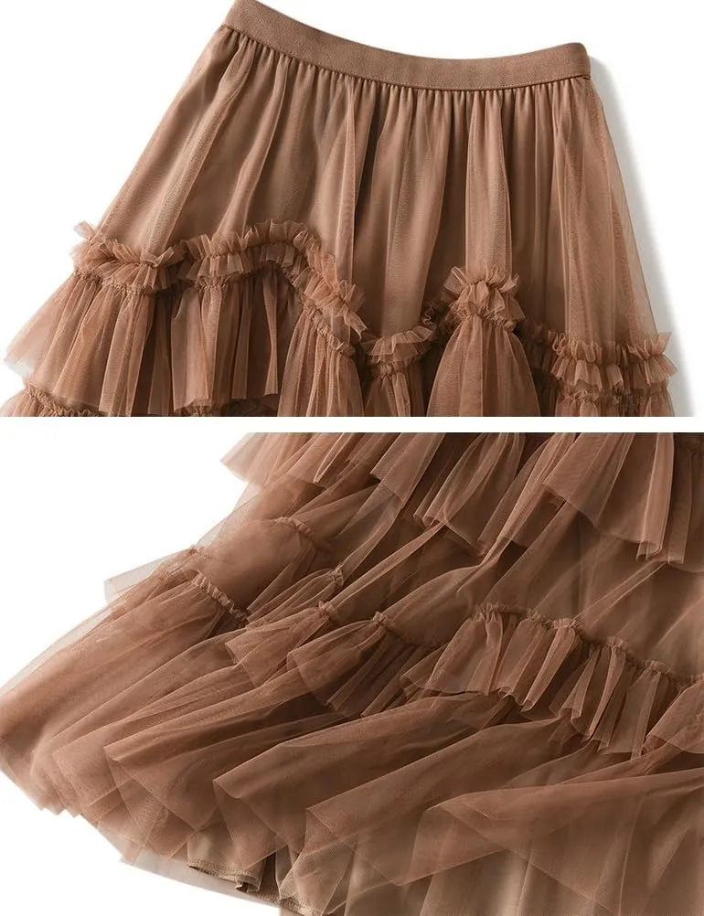 Womens Layered Fluffy Tulle Skirts Trendy High Waisted Mesh Fairy Pleated Ruffle Midi Skirt