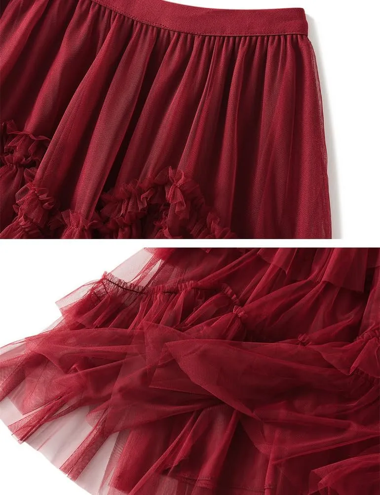 Womens Layered Fluffy Tulle Skirts Trendy High Waisted Mesh Fairy Pleated Ruffle Midi Skirt