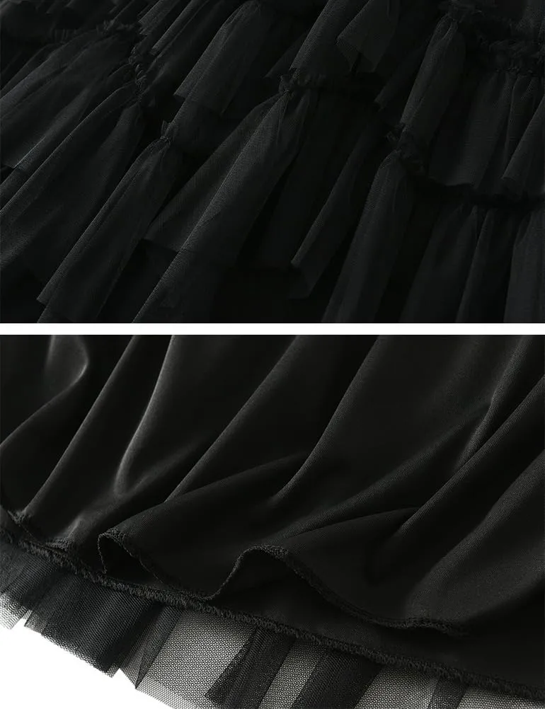 Womens Layered Fluffy Tulle Skirts Trendy High Waisted Mesh Fairy Pleated Ruffle Midi Skirt