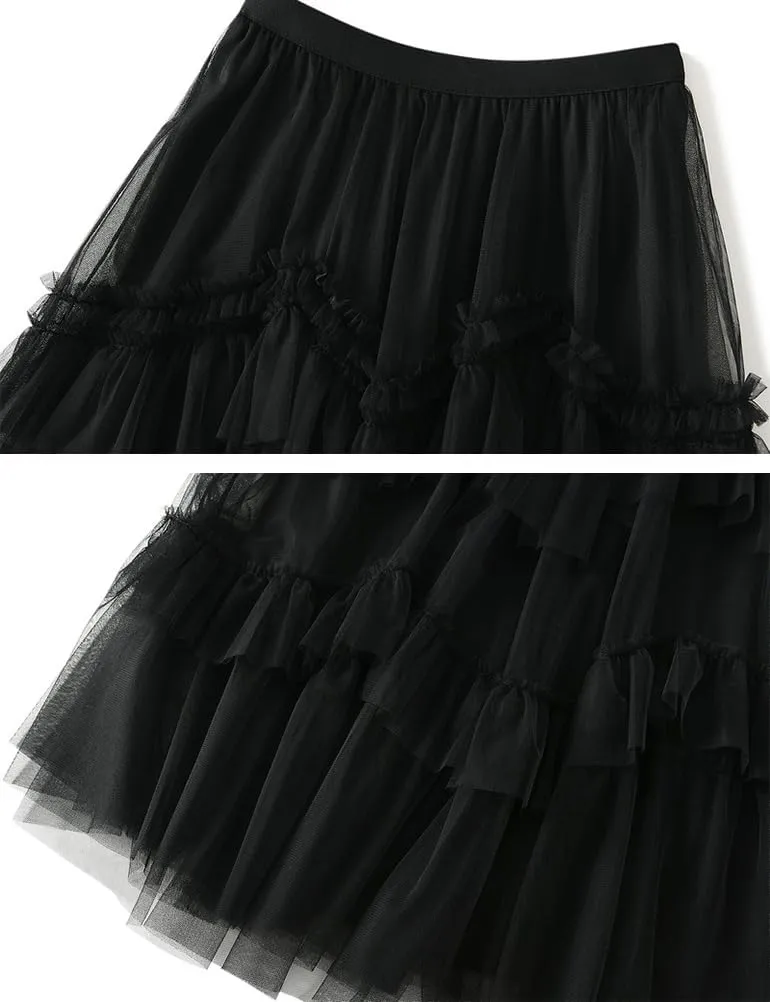Womens Layered Fluffy Tulle Skirts Trendy High Waisted Mesh Fairy Pleated Ruffle Midi Skirt