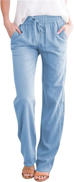 Women's Linen Pants Casual Summer Loose Beach Solid Color Plus Size High Waist Linen Pants Elastic Waist Streetwear Trousers