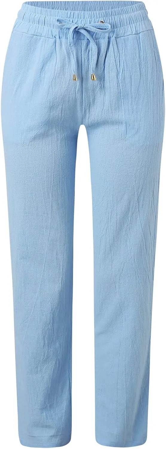 Women's Linen Pants Casual Summer Loose Beach Solid Color Plus Size High Waist Linen Pants Elastic Waist Streetwear Trousers