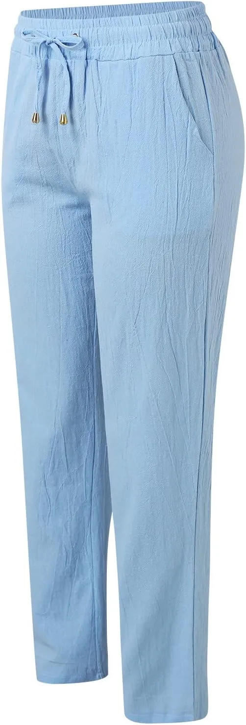 Women's Linen Pants Casual Summer Loose Beach Solid Color Plus Size High Waist Linen Pants Elastic Waist Streetwear Trousers