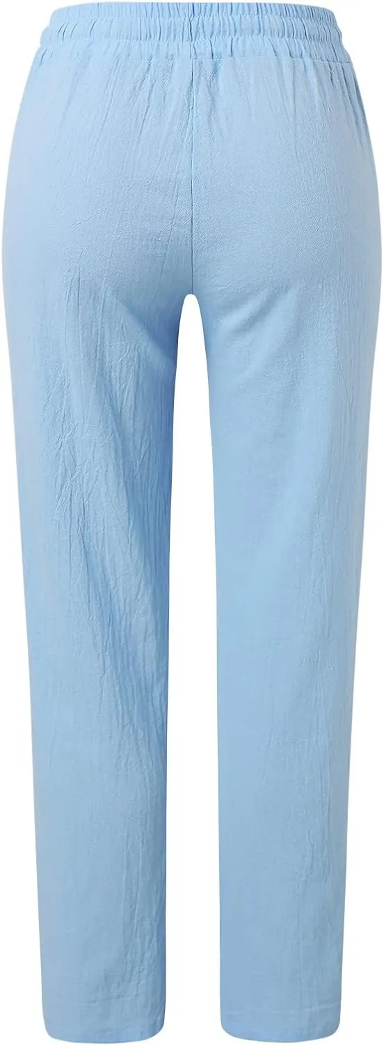Women's Linen Pants Casual Summer Loose Beach Solid Color Plus Size High Waist Linen Pants Elastic Waist Streetwear Trousers