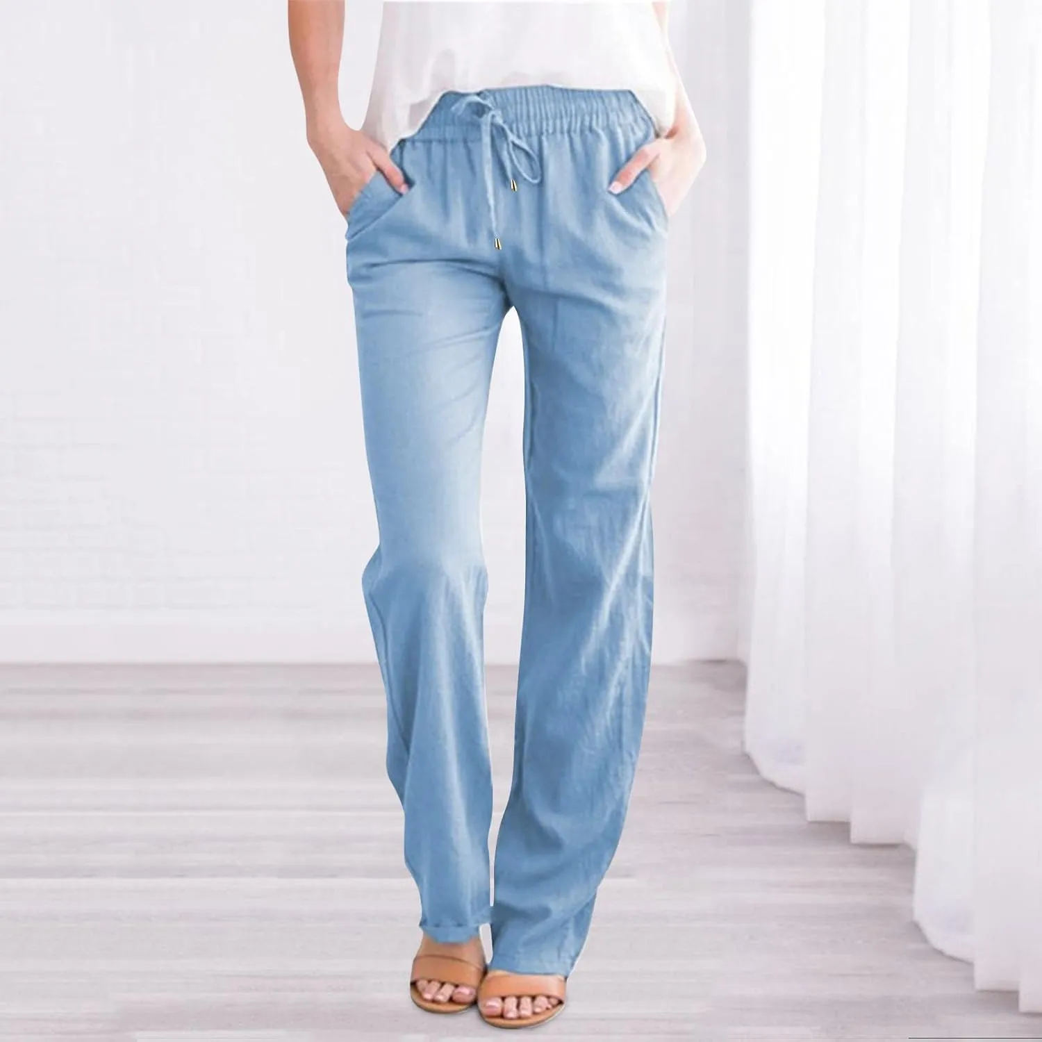 Women's Linen Pants Casual Summer Loose Beach Solid Color Plus Size High Waist Linen Pants Elastic Waist Streetwear Trousers