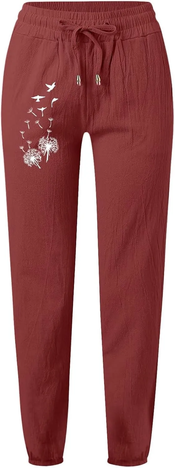 Women's Linen Pants Casual Summer Loose Beach Solid Color Plus Size High Waist Linen Pants Soft Ankle Trousers with Pockets