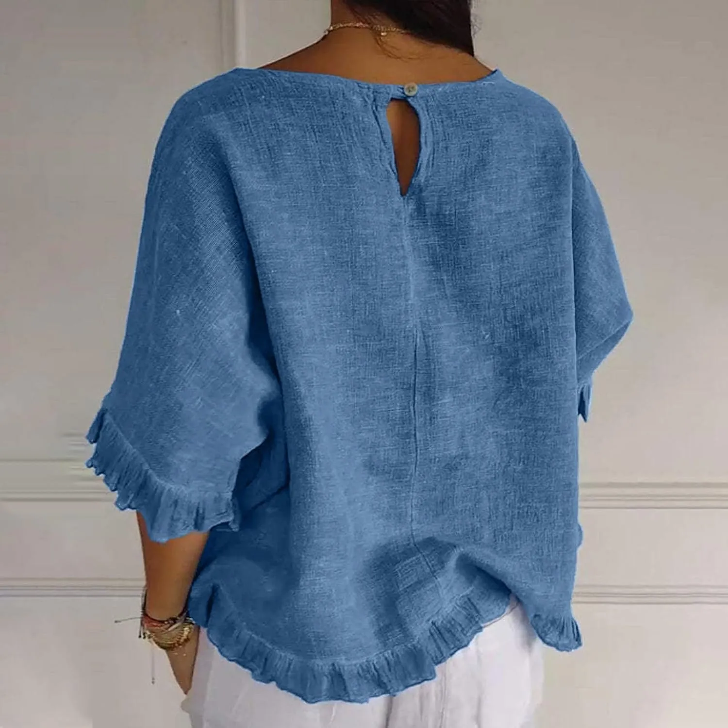Womens Linen Tops Crewneck Half Sleeve Shirts Casual Loose Fitted Solid Cotton Linen Vacation Summer Outfits