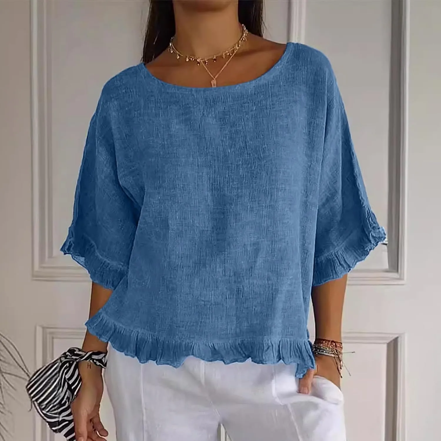 Womens Linen Tops Crewneck Half Sleeve Shirts Casual Loose Fitted Solid Cotton Linen Vacation Summer Outfits