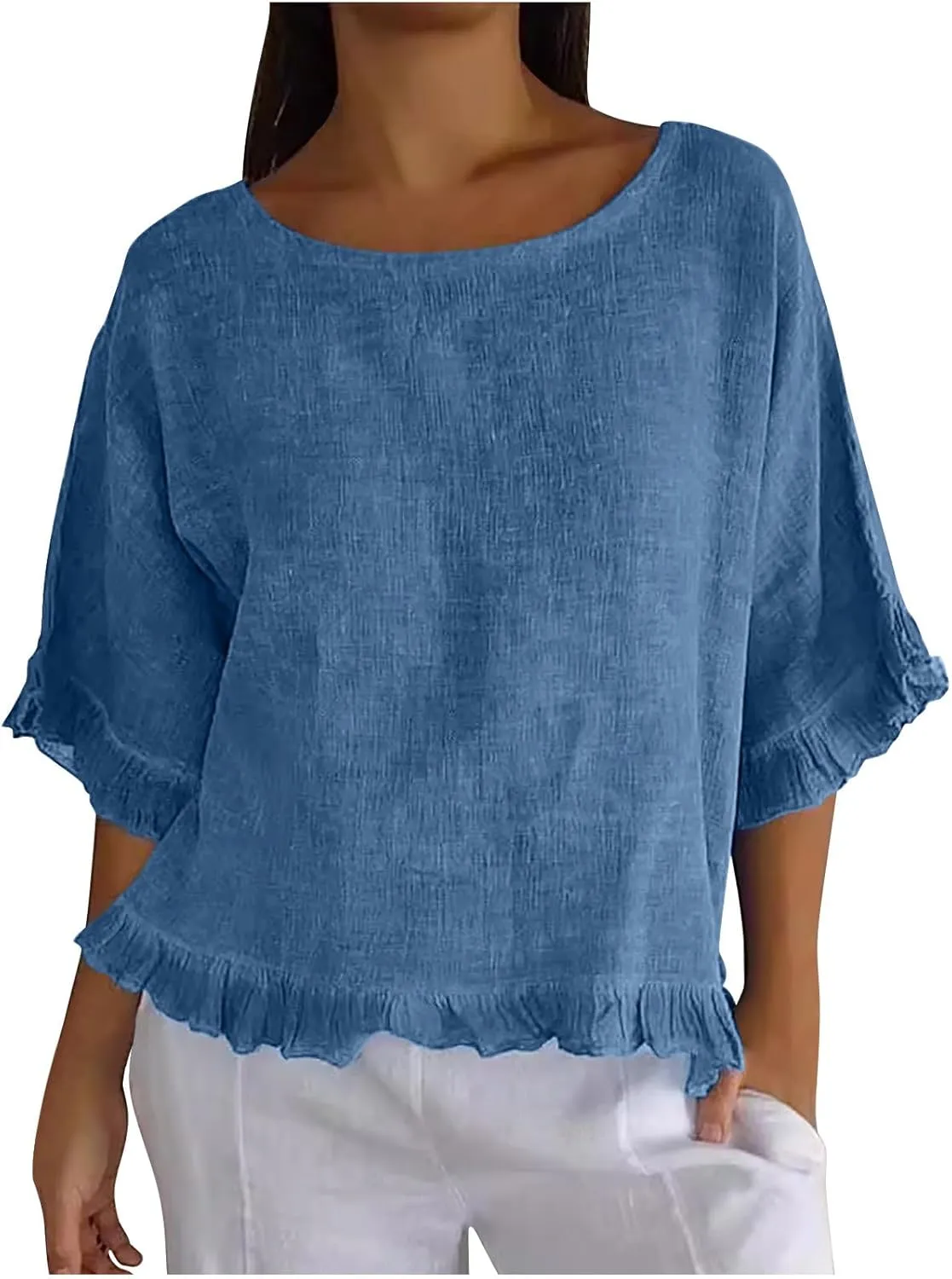 Womens Linen Tops Crewneck Half Sleeve Shirts Casual Loose Fitted Solid Cotton Linen Vacation Summer Outfits