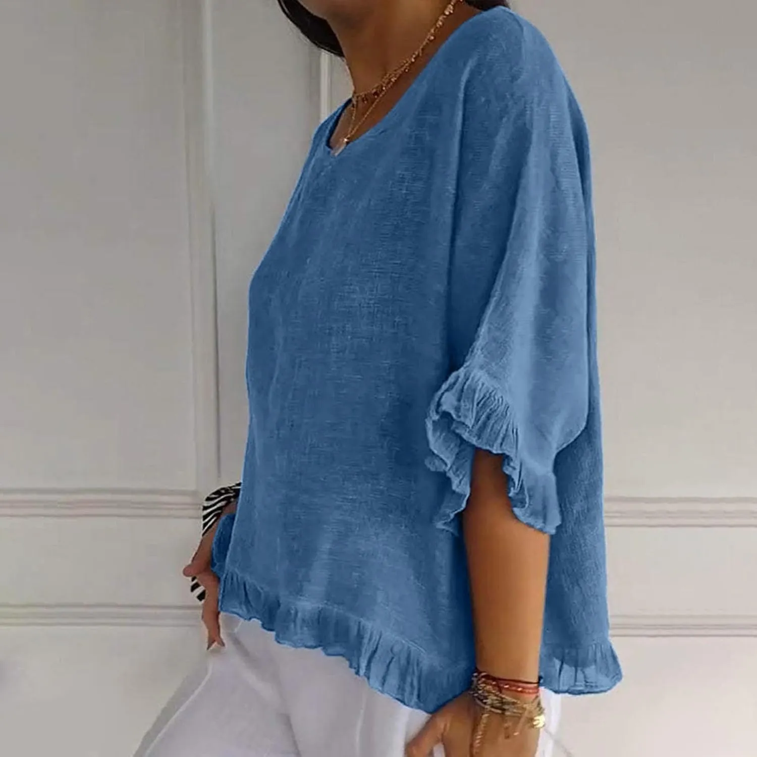 Womens Linen Tops Crewneck Half Sleeve Shirts Casual Loose Fitted Solid Cotton Linen Vacation Summer Outfits