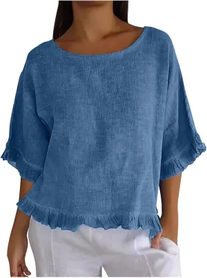 Womens Linen Tops Crewneck Half Sleeve Shirts Casual Loose Fitted Solid Cotton Linen Vacation Summer Outfits