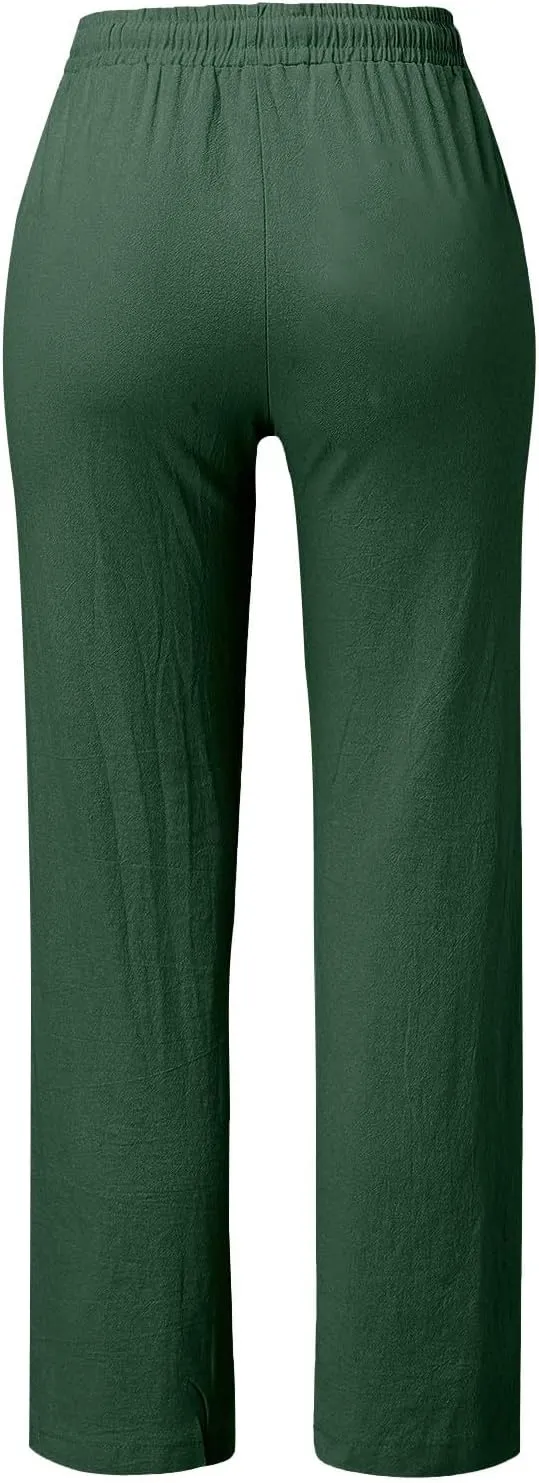 Womens Loose Straight Leg Linen Pants Lightweight Summer High Waist Trousers Drawstring Casual Work Sports Pant Plus