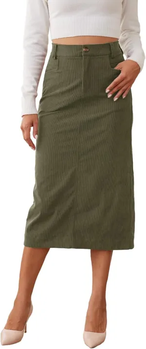 Womens Midi Corduroy Skirt Pencil Elastic High Waisted Back Slit Winter Long Skirts for Women with Pocket