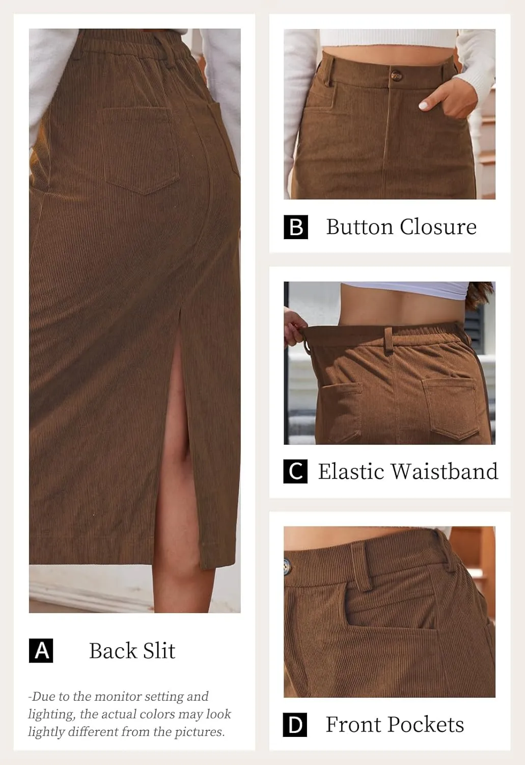 Womens Midi Corduroy Skirt Pencil Elastic High Waisted Back Slit Winter Long Skirts for Women with Pocket