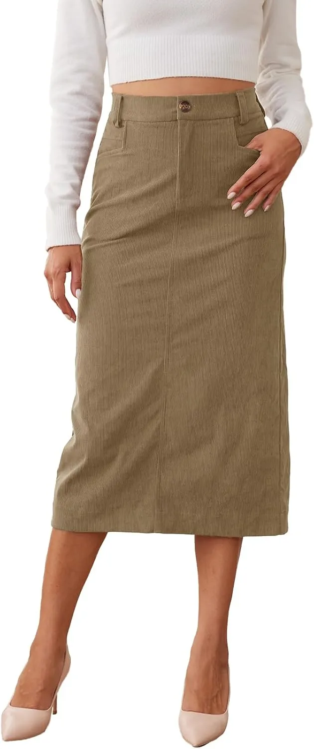 Womens Midi Corduroy Skirt Pencil Elastic High Waisted Back Slit Winter Long Skirts for Women with Pocket