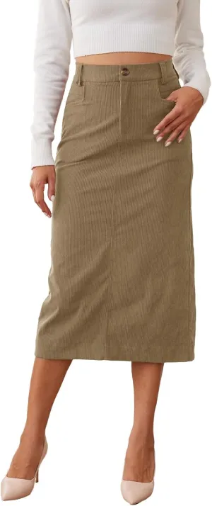 Womens Midi Corduroy Skirt Pencil Elastic High Waisted Back Slit Winter Long Skirts for Women with Pocket