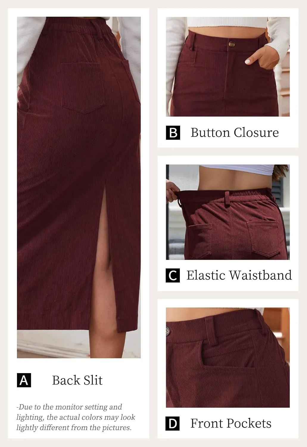 Womens Midi Corduroy Skirt Pencil Elastic High Waisted Back Slit Winter Long Skirts for Women with Pocket