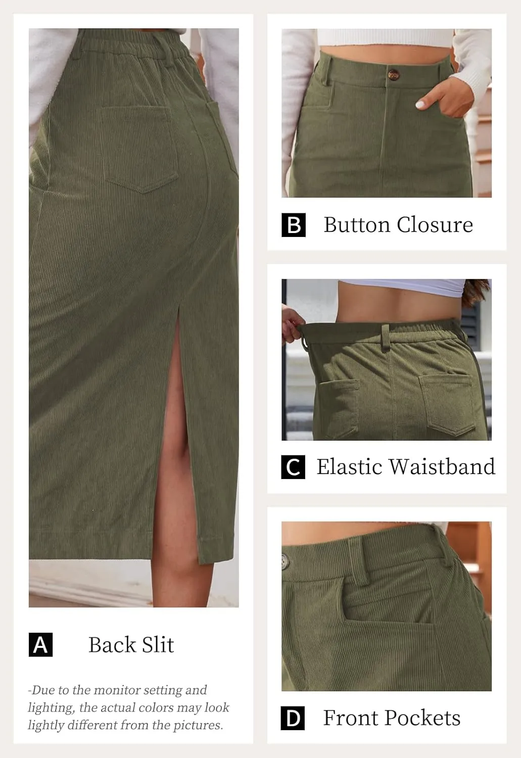 Womens Midi Corduroy Skirt Pencil Elastic High Waisted Back Slit Winter Long Skirts for Women with Pocket