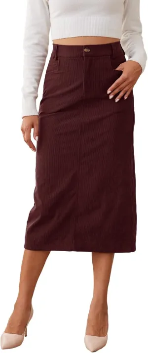 Womens Midi Corduroy Skirt Pencil Elastic High Waisted Back Slit Winter Long Skirts for Women with Pocket