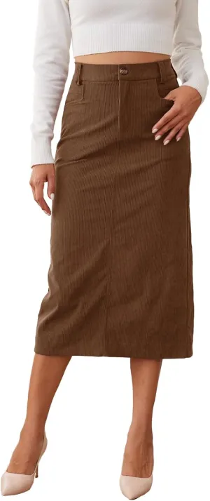 Womens Midi Corduroy Skirt Pencil Elastic High Waisted Back Slit Winter Long Skirts for Women with Pocket