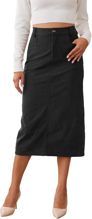 Womens Midi Corduroy Skirt Pencil Elastic High Waisted Back Slit Winter Long Skirts for Women with Pocket