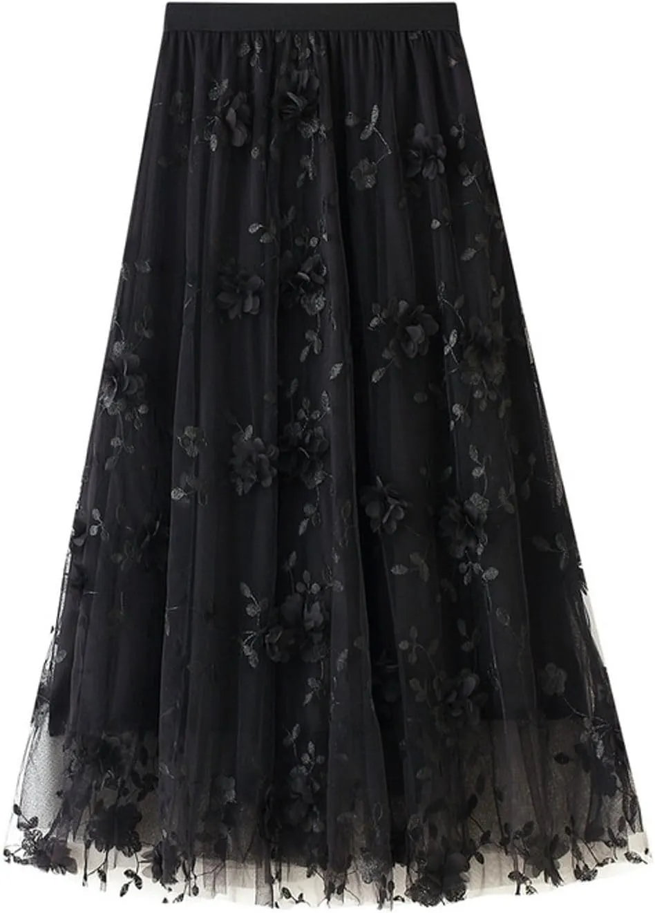 Womens Midi Tulle Skirt Embroidery Floral Layered Skirts Elastic High Waist Tutu Skirt Mesh A Line Fairy Skirts 2025