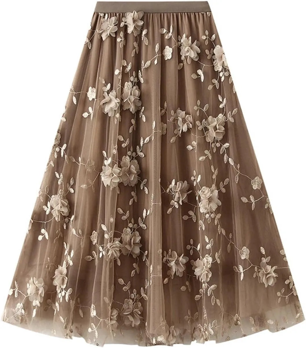Womens Midi Tulle Skirt Embroidery Floral Layered Skirts Elastic High Waist Tutu Skirt Mesh A Line Fairy Skirts 2025