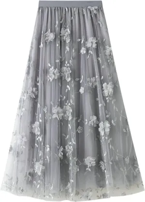 Womens Midi Tulle Skirt Embroidery Floral Layered Skirts Elastic High Waist Tutu Skirt Mesh A Line Fairy Skirts 2025