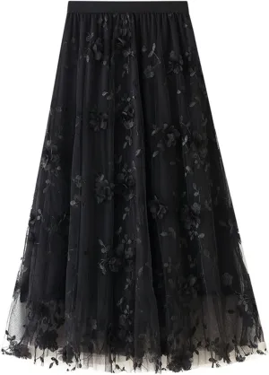 Womens Midi Tulle Skirt Embroidery Floral Layered Skirts Elastic High Waist Tutu Skirt Mesh A Line Fairy Skirts 2025