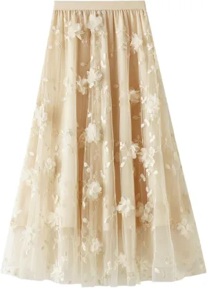 Womens Midi Tulle Skirt Embroidery Floral Layered Skirts Elastic High Waist Tutu Skirt Mesh A Line Fairy Skirts 2025