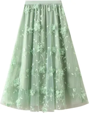 Womens Midi Tulle Skirt Embroidery Floral Layered Skirts Elastic High Waist Tutu Skirt Mesh A Line Fairy Skirts 2025