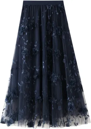Womens Midi Tulle Skirt Embroidery Floral Layered Skirts Elastic High Waist Tutu Skirt Mesh A Line Fairy Skirts 2025