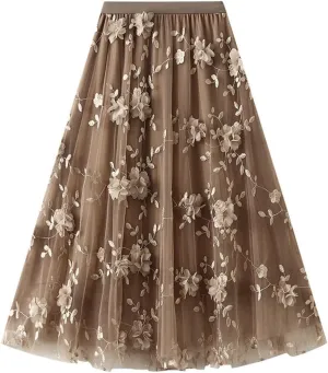 Womens Midi Tulle Skirt Embroidery Floral Layered Skirts Elastic High Waist Tutu Skirt Mesh A Line Fairy Skirts 2025