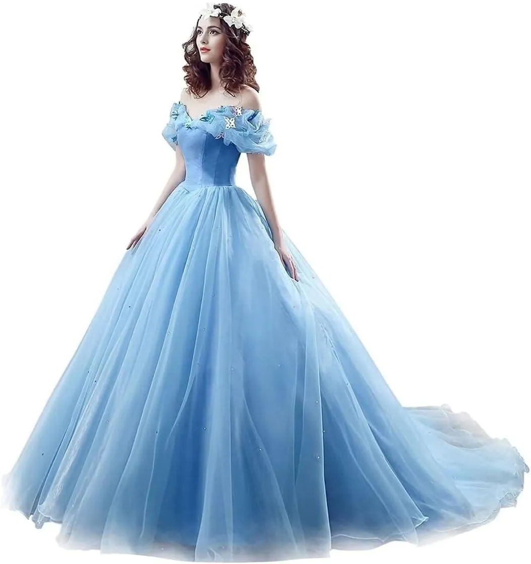 Women's Off Shoulder Fairy Prom Gown Cinderella Tulle Formal Evening Party Gowns Sweet 15 16