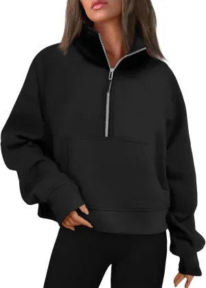 Womens Oversized Half Zip Cropped Sweatshirt 2024 Fall Fashion 1/4 Zip Pullover Preppy Thumb Hole Tops With Pocket