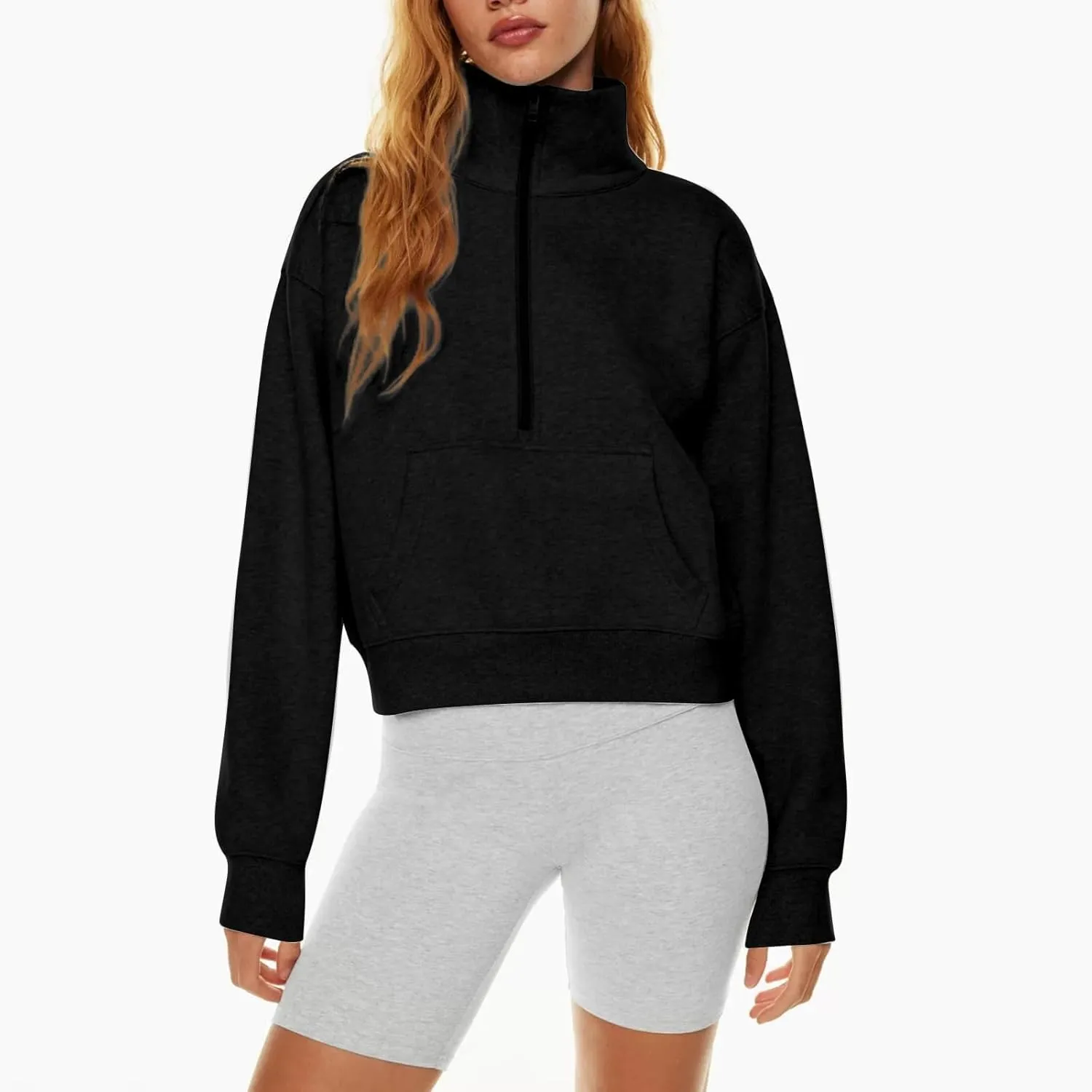 Womens Oversized Half Zip Cropped Sweatshirt 2024 Fall Fashion 1/4 Zip Pullover Preppy Thumb Hole Tops With Pocket