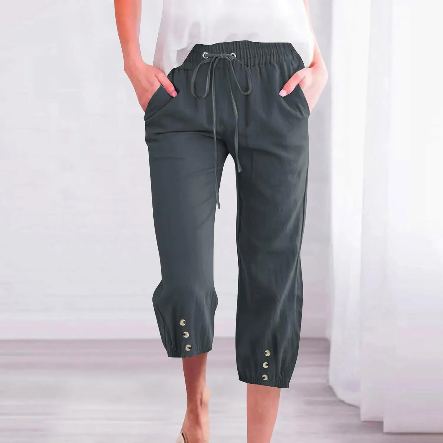 Womens Plain Cotton Linen Capri Pants Cropped Trousers Summer 3/4 Length Pant Casual Loose Trouser Capris with Pockets