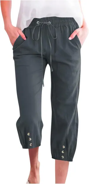 Womens Plain Cotton Linen Capri Pants Cropped Trousers Summer 3/4 Length Pant Casual Loose Trouser Capris with Pockets