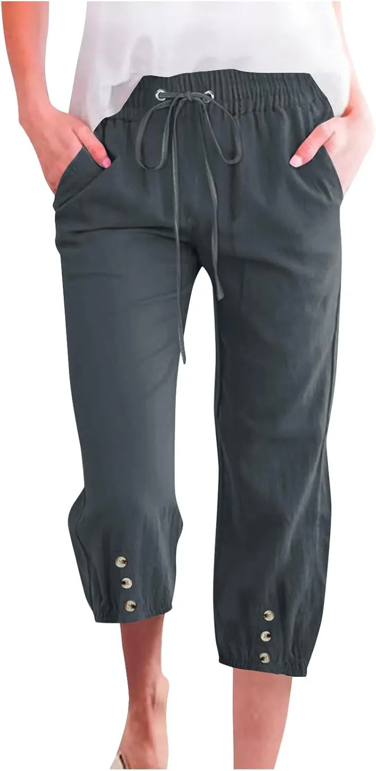Womens Plain Cotton Linen Capri Pants Cropped Trousers Summer 3/4 Length Pant Casual Loose Trouser Capris with Pockets