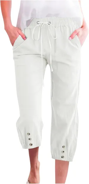 Womens Plain Cotton Linen Capri Pants Cropped Trousers Summer 3/4 Length Pant Casual Loose Trouser Capris with Pockets